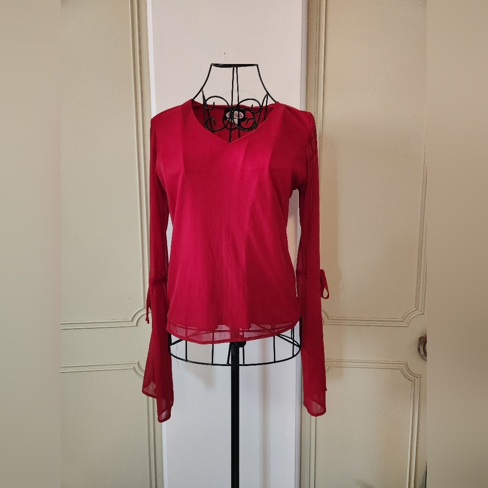 Vintage 90s Zoey Beth Red Sheer Women's Top With Bell Sleeves Size Medium